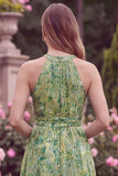 Halter Sage Flower High-Low Wedding Guest Dress