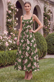 A Line Green Flower Square Neck Wedding Guest Dress