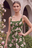 A Line Green Flower Square Neck Wedding Guest Dress