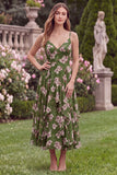 Green Flower Tiered Spaghetti Straps Midi Wedding Guest Dress