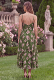 Green Flower Tiered Spaghetti Straps Midi Wedding Guest Dress