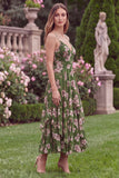 Green Flower Tiered Spaghetti Straps Midi Wedding Guest Dress