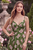Green Flower Tiered Spaghetti Straps Midi Wedding Guest Dress