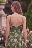 Green Flower Tiered Spaghetti Straps Midi Wedding Guest Dress