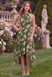 Halter Ruffled Green Flower Tiered Wedding Guest Dress