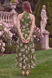 Halter Ruffled Green Flower Tiered Wedding Guest Dress