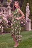 Halter Ruffled Green Flower Tiered Wedding Guest Dress
