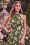 Halter Ruffled Green Flower Tiered Wedding Guest Dress