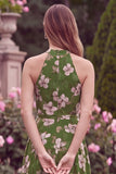 Halter Ruffled Green Flower Tiered Wedding Guest Dress