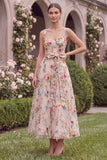 A Line Pink Embroidered Flower Wedding Guest Dress with Bow