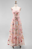A Line Pink Embroidered Flower Wedding Guest Dress with Bow