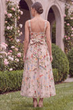 A Line Pink Embroidered Flower Wedding Guest Dress with Bow