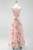A Line Pink Embroidered Flower Wedding Guest Dress with Bow