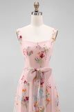 A Line Pink Embroidered Flower Wedding Guest Dress with Bow