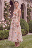 A Line Pink Embroidered Flower Wedding Guest Dress with Bow