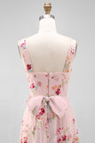 A Line Pink Embroidered Flower Wedding Guest Dress with Bow