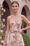 A Line Pink Embroidered Flower Wedding Guest Dress with Bow