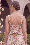 A Line Pink Embroidered Flower Wedding Guest Dress with Bow