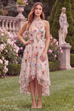 Pink Flower Embroidered High Neck High-Low Wedding Guest Dress