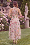 Pink Flower Embroidered High Neck High-Low Wedding Guest Dress