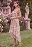 Pink Flower Embroidered High Neck High-Low Wedding Guest Dress