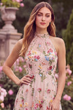 Pink Flower Embroidered High Neck High-Low Wedding Guest Dress