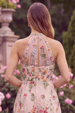 Pink Flower Embroidered High Neck High-Low Wedding Guest Dress