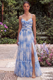 A Line Light Blue Floral Spaghetti Straps Wedding Guest Dress with Slit