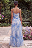 A Line Light Blue Floral Spaghetti Straps Wedding Guest Dress with Slit