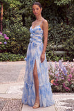 A Line Light Blue Floral Spaghetti Straps Wedding Guest Dress with Slit