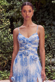 A Line Light Blue Floral Spaghetti Straps Wedding Guest Dress with Slit