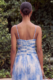 A Line Light Blue Floral Spaghetti Straps Wedding Guest Dress with Slit
