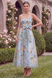 Pink Square Neck Floral A Line Wedding Guest Dress with Bow