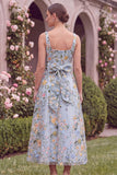 Pink Square Neck Floral A Line Wedding Guest Dress with Bow