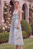 Pink Square Neck Floral A Line Wedding Guest Dress with Bow