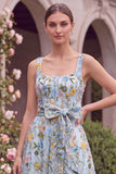 Pink Square Neck Floral A Line Wedding Guest Dress with Bow