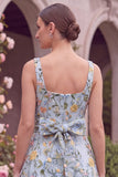Pink Square Neck Floral A Line Wedding Guest Dress with Bow