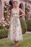 Pink Square Neck Floral A Line Wedding Guest Dress with Bow