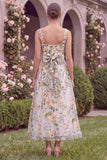 Pink Square Neck Floral A Line Wedding Guest Dress with Bow