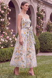 Pink Square Neck Floral A Line Wedding Guest Dress with Bow