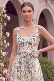 Pink Square Neck Floral A Line Wedding Guest Dress with Bow