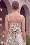 Pink Square Neck Floral A Line Wedding Guest Dress with Bow