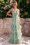 Sage Floral A Line Tiered Ruffle Maxi Dress