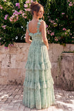 Sage Floral A Line Tiered Ruffle Maxi Dress