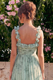 Sage Floral A Line Tiered Ruffle Maxi Dress