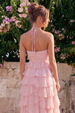 Pink Halter A Line Tiered Ruffle Midi Wedding Guest Dress