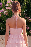 Pink Halter A Line Tiered Ruffle Midi Wedding Guest Dress