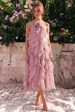 Lake Blue A Line 3D Flower Wedding Guest Dress with Ruffles