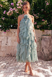 Lake Blue A Line 3D Flower Wedding Guest Dress with Ruffles