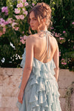 Lake Blue A Line 3D Flower Wedding Guest Dress with Ruffles